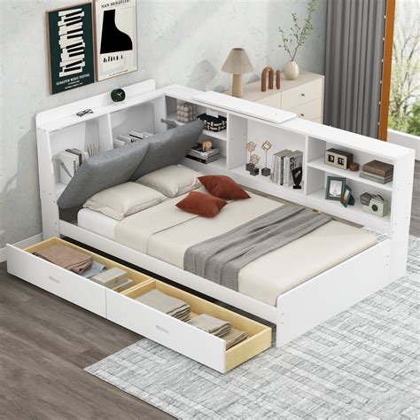 Twin Size Platform Bed, Corner Bed Frame with Bookcase and Storage ...