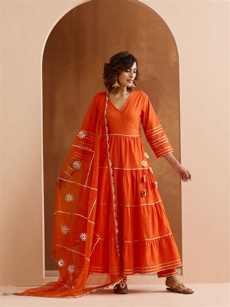 Rich Orange Gotta Patti Angrakha Kurta Set With Straight Bottom And Sc