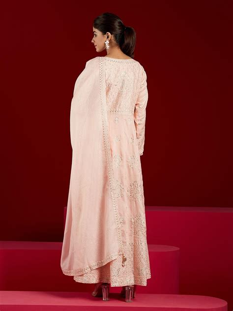 Buy Libas Art Peach Embroidered Silk A-Line Kurta With Trousers ...