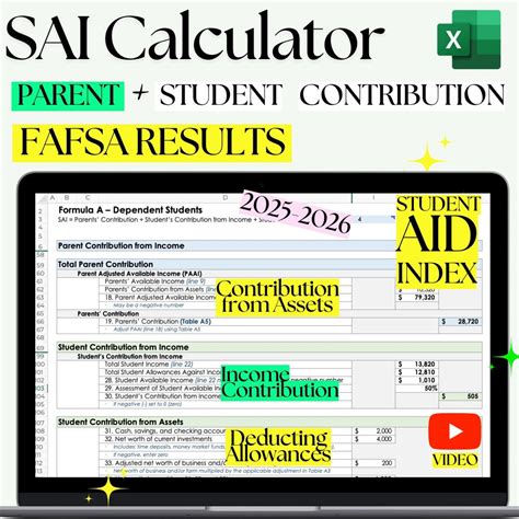 SAI FAFSA Calculator: Student Aid Index Worksheet (excel & Google ...