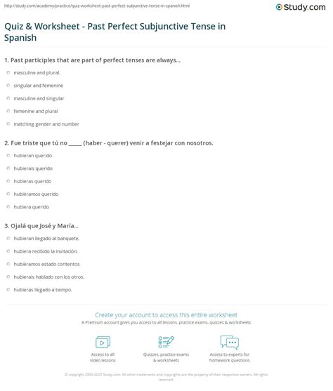 Quiz & Worksheet - Past Perfect Subjunctive Tense in Spanish | Study.com