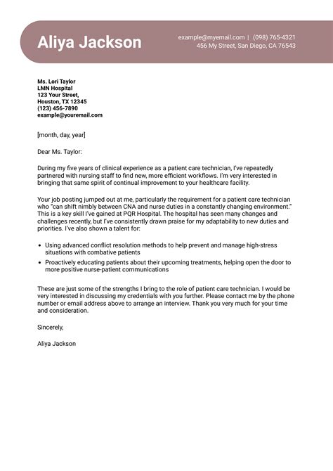 Patient Care Technician Cover Letter Examples and Templates for 2025 ...