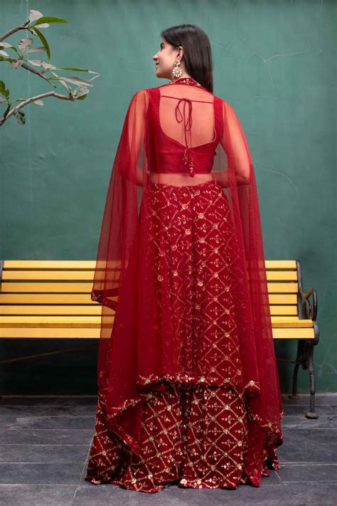 Buy DEEP RED SEQUIN AND ZARI WORK LEHENGA SET Online in India | Label ...