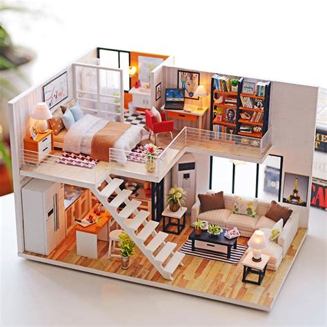 Loft apartments miniature dollhouse wooden doll house furniture led kit ...