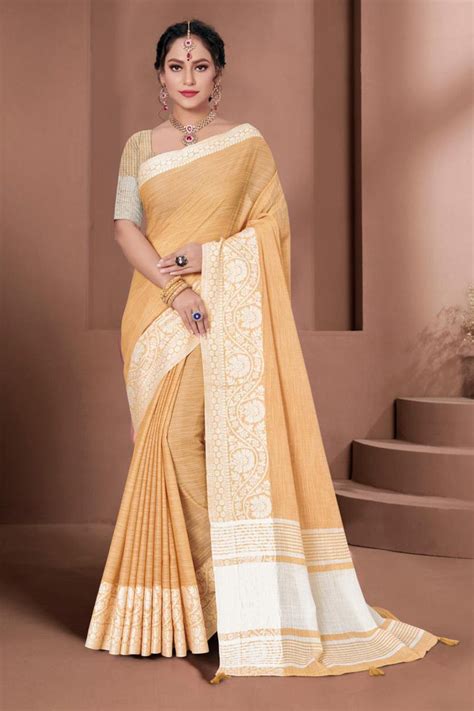 Buy Beige Linen Saree Online | Karagiri