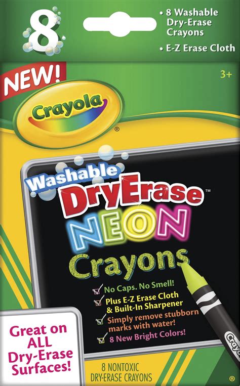 Crayola Washable Dry-Erase Crayon Set, 8 Colors, Neon Assorted Colors ...