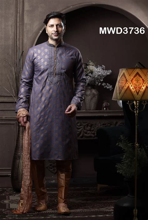 Readymade Grey Printed Mens Kurta Pajama Set