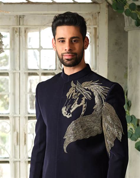 Polynosic Solid Navy Blue Horse Style Cutdana work Bandhgala Suit – RS ...