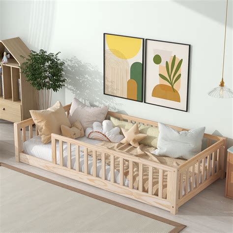 Tabaray Twin Floor Bed, Wooden Montessori Bed Frame with Fence, Floor ...