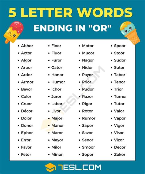5 Letter Words Ending in OR (65 Words in English) • 7ESL
