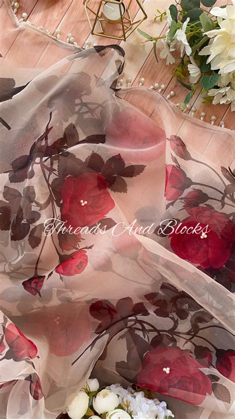 Organza Red Rose Saree with Pearls – Threads & Blocks