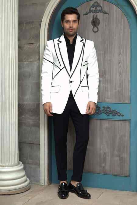 Buy White Lycra Cut Work Stripe Pattern Tuxedo Trouser Set For Men by ...