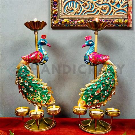 Handicrafy Handicraft Metal Peacock Pair Candle Holder Showpieces (2Pc ...