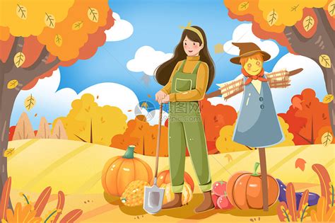 秋收的女孩和稻草人插画图片下载-正版图片401776570-摄图网