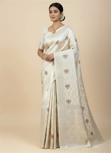 CREAM MASHRU KATAN SILK SAREE – TANTURI
