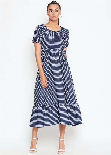 Get Waist Tie Detail Blue & White Striped A-Line Dress at ₹ null | LBB Shop