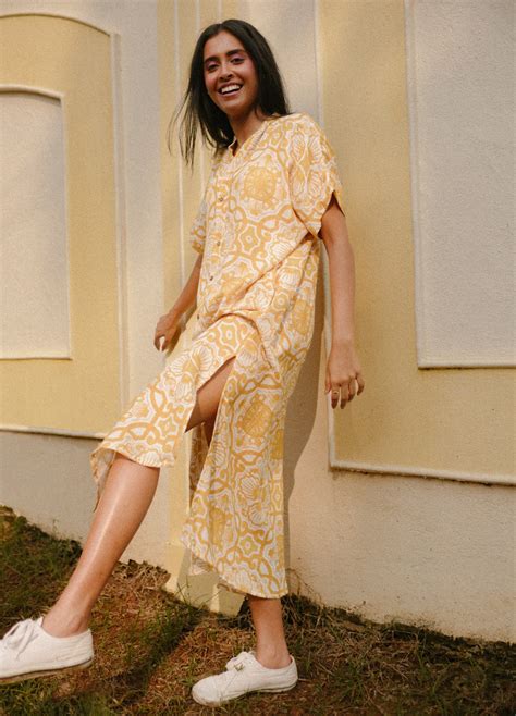 Azul Gold Mandarin Collar Organic Cotton Kaftan Shirt For Women Online ...