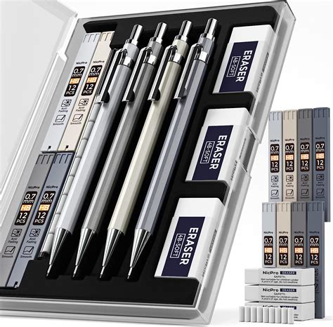 Nicpro 4PCS 0.7 mm Metal Mechanical Pencils Set, Lead Drafting Pencil ...