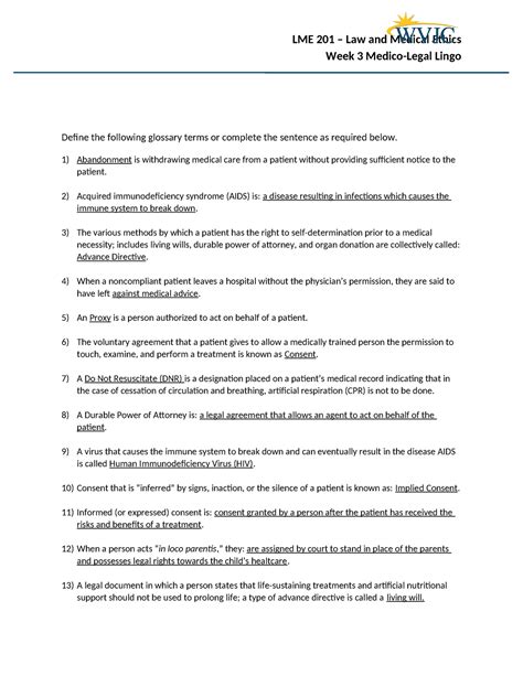 Week 3 Medico-Legal Lingo - LME 201 - Law and Medical Ethics Week 3 ...