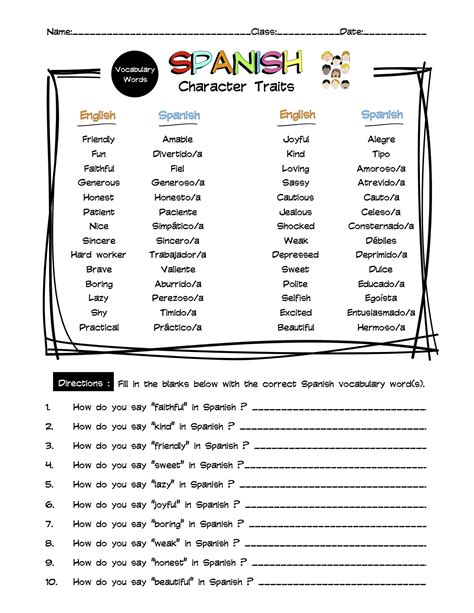 Spanish Character Traits Vocabulary Word List Worksheet & Answer Key ...