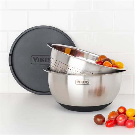 Viking 9-Piece Stainless Steel Mixing Bowl Set with Strainer, Black ...