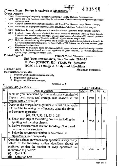 B. Tech II Year, VI Sem BCSC 1012: Design Analysis of Algorithms Exam ...