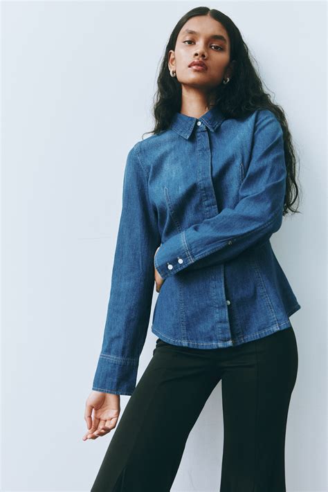 Fitted denim shirt - Dark denim blue - Ladies | H&M HK