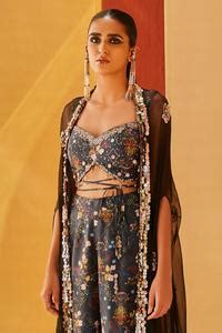 Buy Black Silk Organza Embroidery, Sequins Sweetheart Neck Cape Flared ...