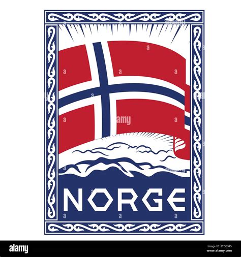 Viking style design. Vintage Norwegian flag framed with ancient Scandinavian Celtic pattern and ...
