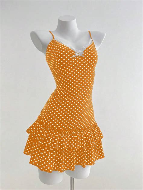 Elamini Summer Casual Polka Dot Print Ruffled Hem Cami Mini Dress ...