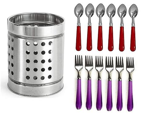 Buy Stainless Steel Table Spoon Set - Set of 13 (1 Stand + 6 Dinner ...