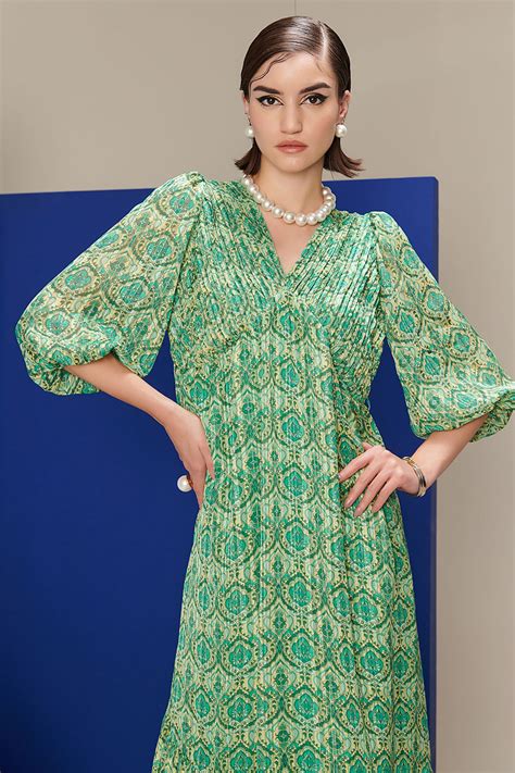 Margot Green Pleated Long Dress | Women | Dawn by Dusk – Dusk Attire