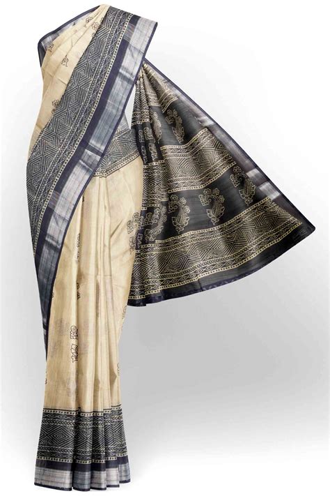 Off White- Black Printed Fancy Cotton Paisely Prints Jute Finish Saree ...