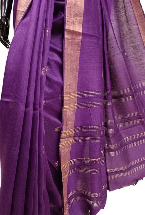 Violet Soft Handloom Tussar Silk Saree With Woven Zari Border – Balaram ...