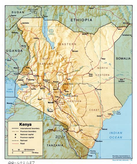 Large detailed political and administrative map of Kenya with relief, roads, railroads and major ...
