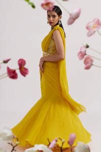 Buy Yellow Blouse Semi Raw Silk, Saree Georgette Sequin, Pre-draped ...