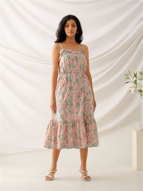 Buy Red Blue Hand Block Printed Cotton Dress | SM/THE-J/S-12/2021-22 ...