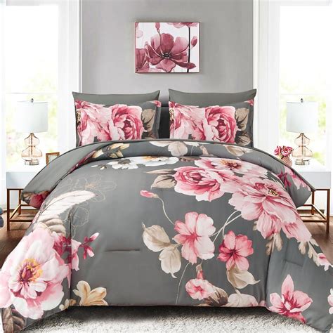 Amazon.com: Floral Comforter Set King Size 7 Pieces Bed in a Bag, Gray ...