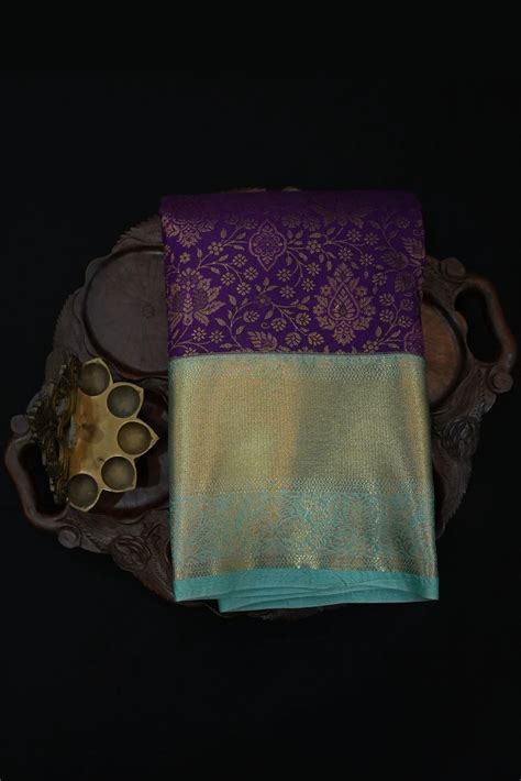 Tissue Brocade Saree Royal Purple With Gold with Light Teal Blue Border ...