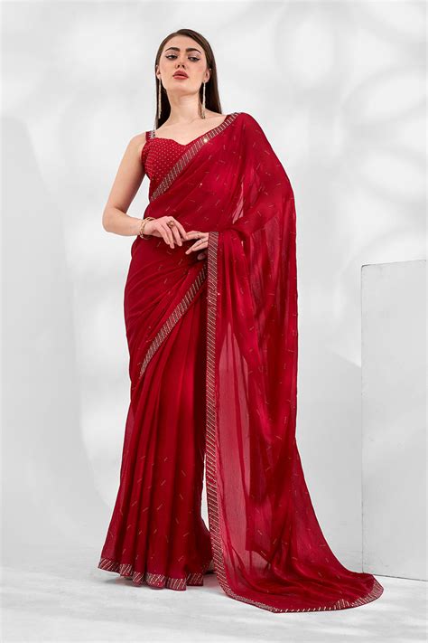Buy Red Chiffon Saree With Blouse Piece online-Karagiri