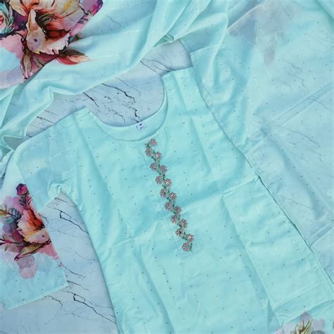 Elegant Aqua-Blue Floral Handwork Dress – Royal collection