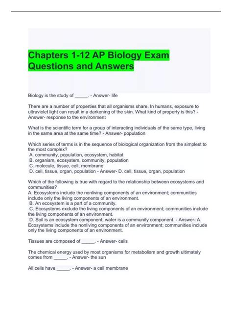 Chapters 1-12 AP Biology Exam Questions and Answers (Graded A) - AP ...