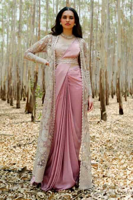 Buy Pink Blouse Chanderi, Jacket Tulle, Saree Crepe Aine Pre-draped And ...
