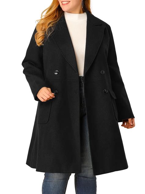 Women's Plus Size Long Winter Coats Notch Lapel Double Breasted Pea ...