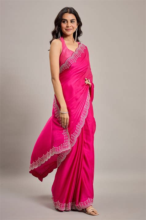 Hot Pink Satin Crepe Silk Saree with Diamond and Swarovski Embellishme ...