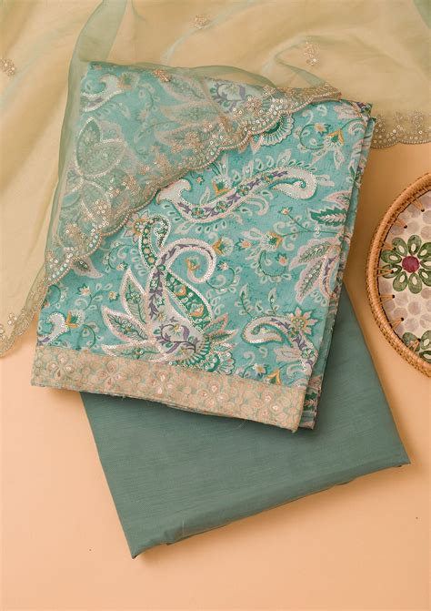 Buy Sea Green Printed Semi Crepe Unstitched Salwar Suit - Koskii
