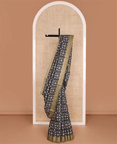 Black patola-style intricately printed tussar saree, contrast temple b