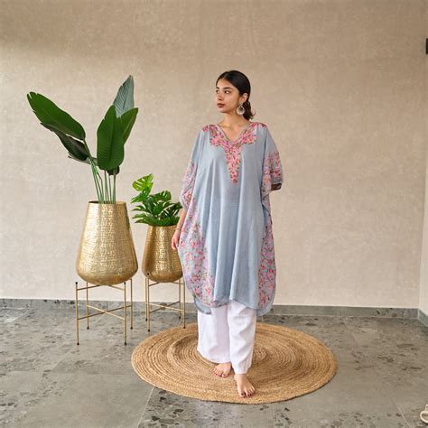 Grey Floral Jhal Kashmiri Cotton Kaftan – Kashmiriyat