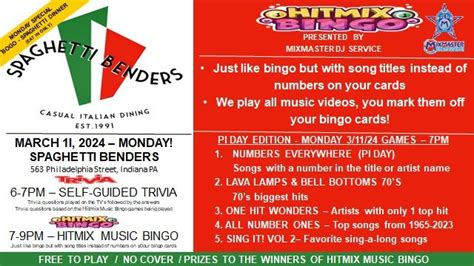 3-11-24 HITMIX MUSIC VIDEO BINGO - PI EDITION, Spaghetti Benders ...