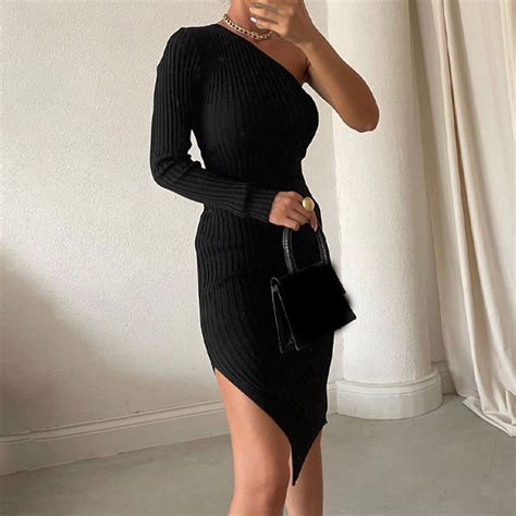 Autumn Shoulder Bodycon Knitted Dress Women Slim Long Sleeve Solid Midi ...